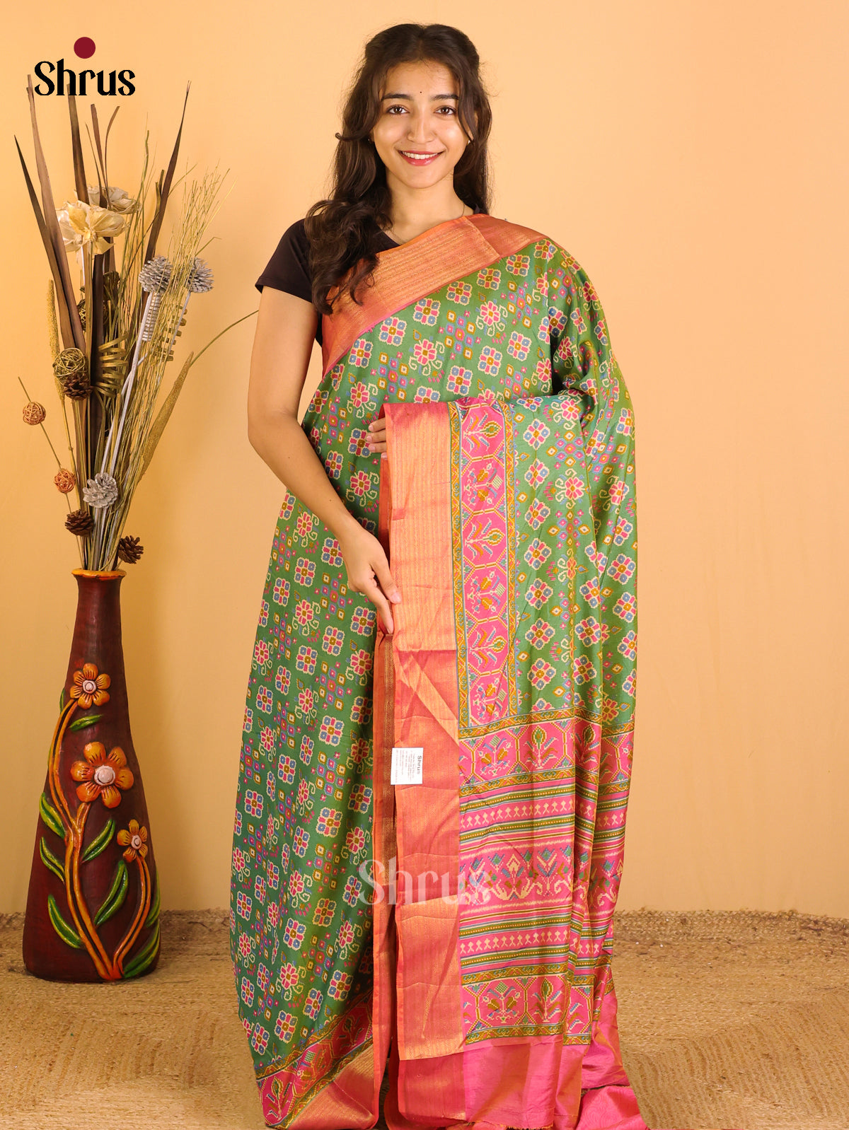 Light Green & Peachy orange - Semi Patola Saree - DCS18184 - Shop on Shrus.com