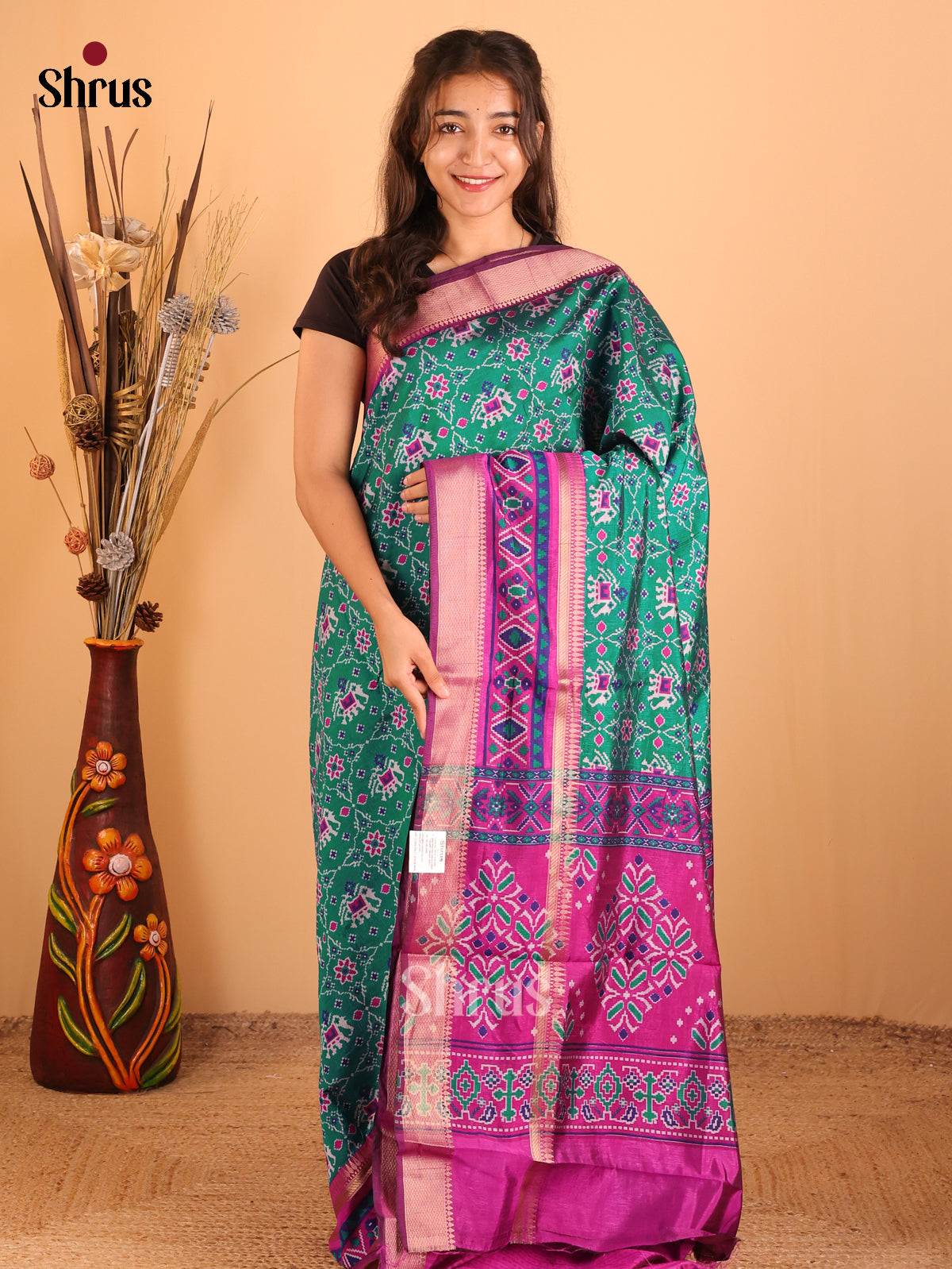Teal Green & Pink - Semi Patola Saree - DCS18194 - Shop on Shrus.com