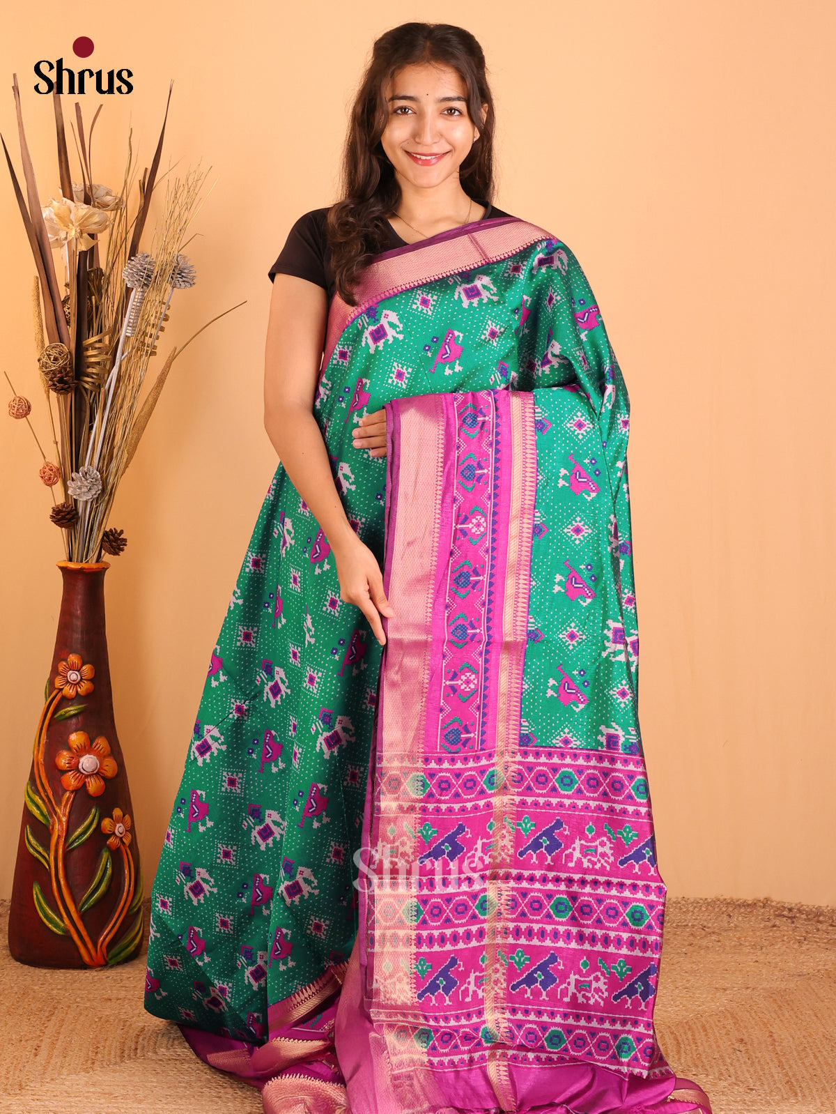 Teal Green & Pink - Semi Patola Saree - DCS18195 - Shop on Shrus.com