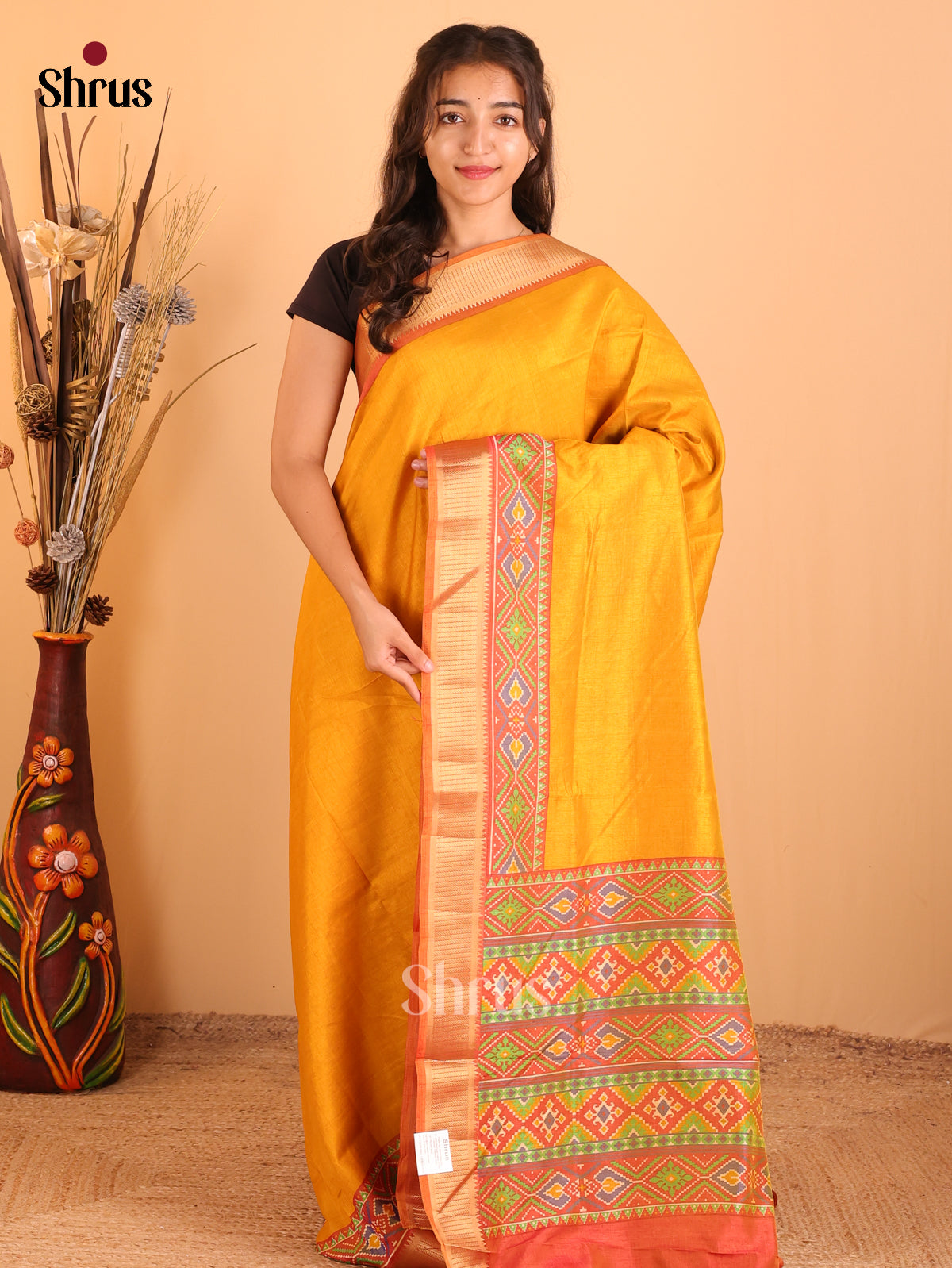 Mustard & Orange - Semi Patola Saree - Shop on Shrus.com