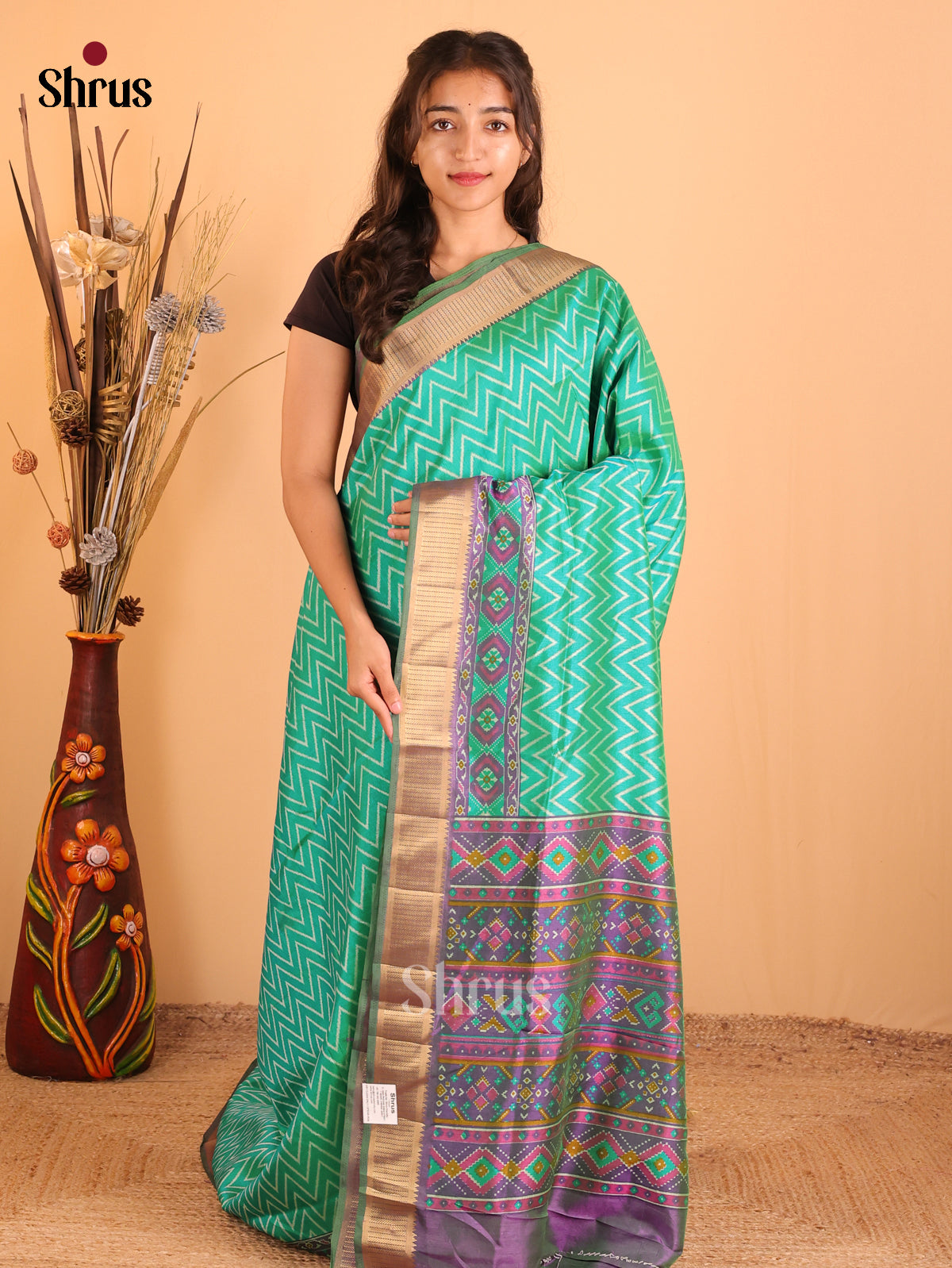 Teal Green & Violet - Semi Patola Saree - DCS18214 - Shop on Shrus.com