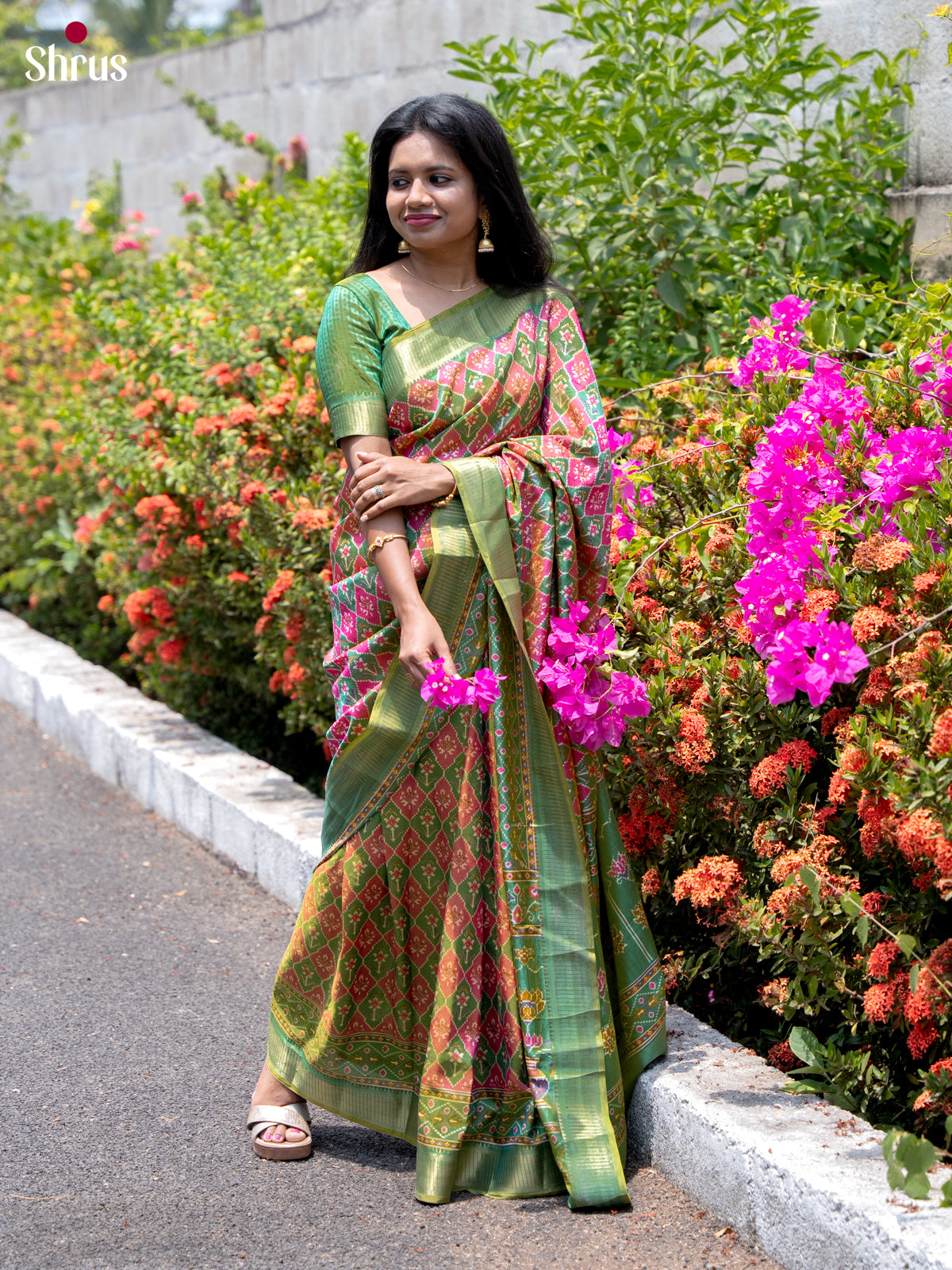Pink & Green - Semi Patola Saree - Shop on Shrus.com