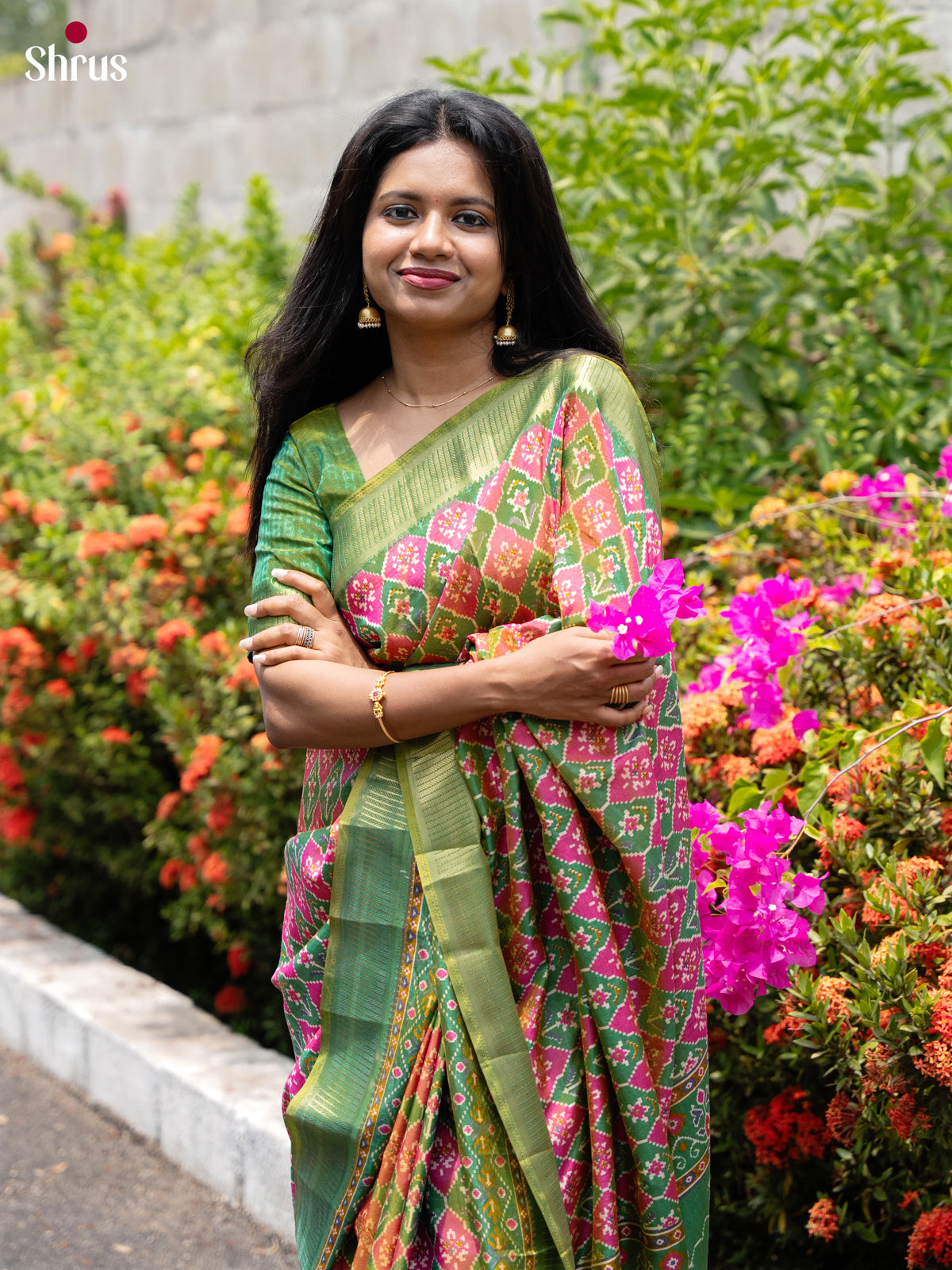 Pink & Green - Semi Patola Saree - Shop on Shrus.com
