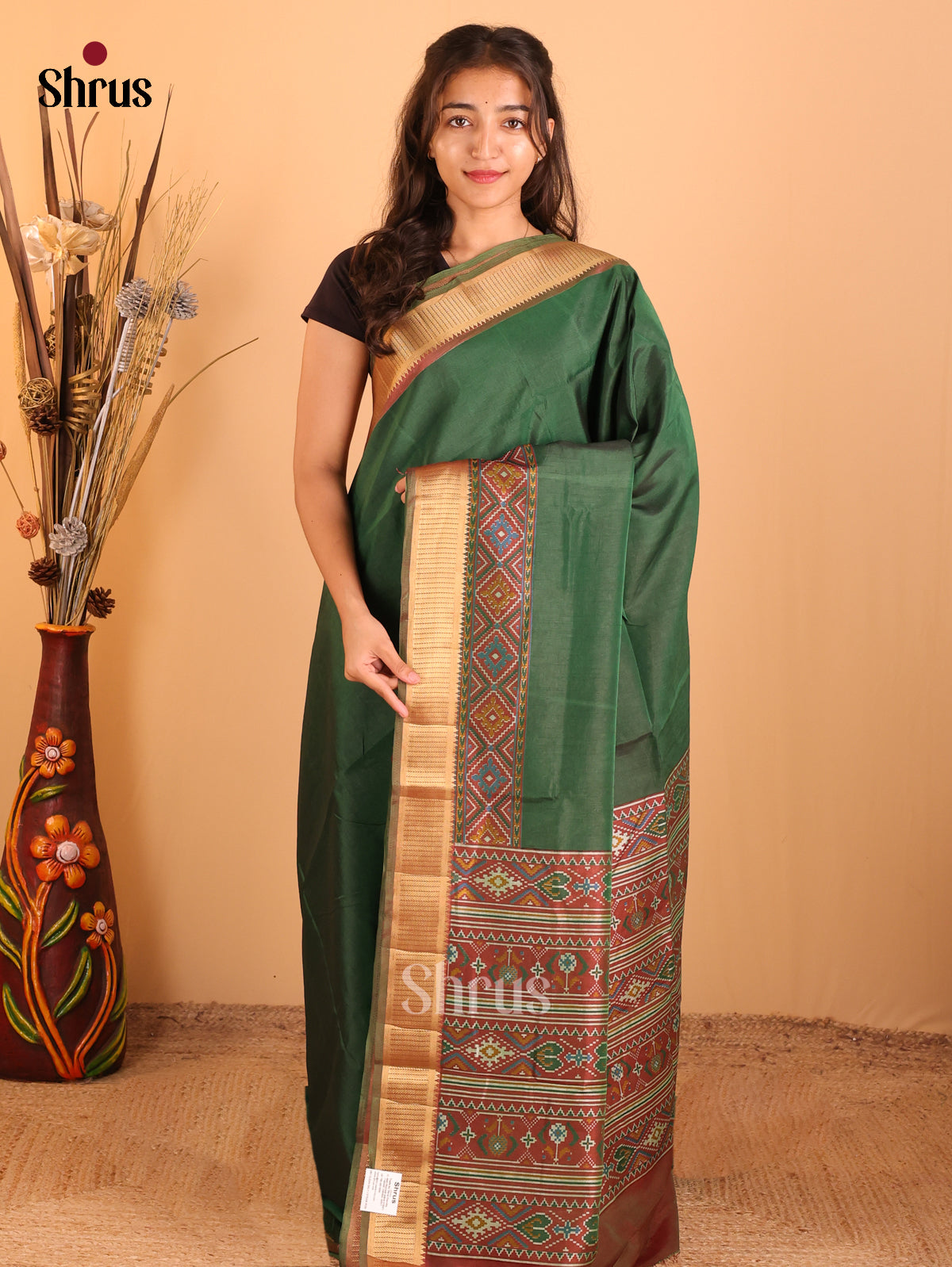 Green & Brown - Semi Patola Saree - Shop on Shrus.com