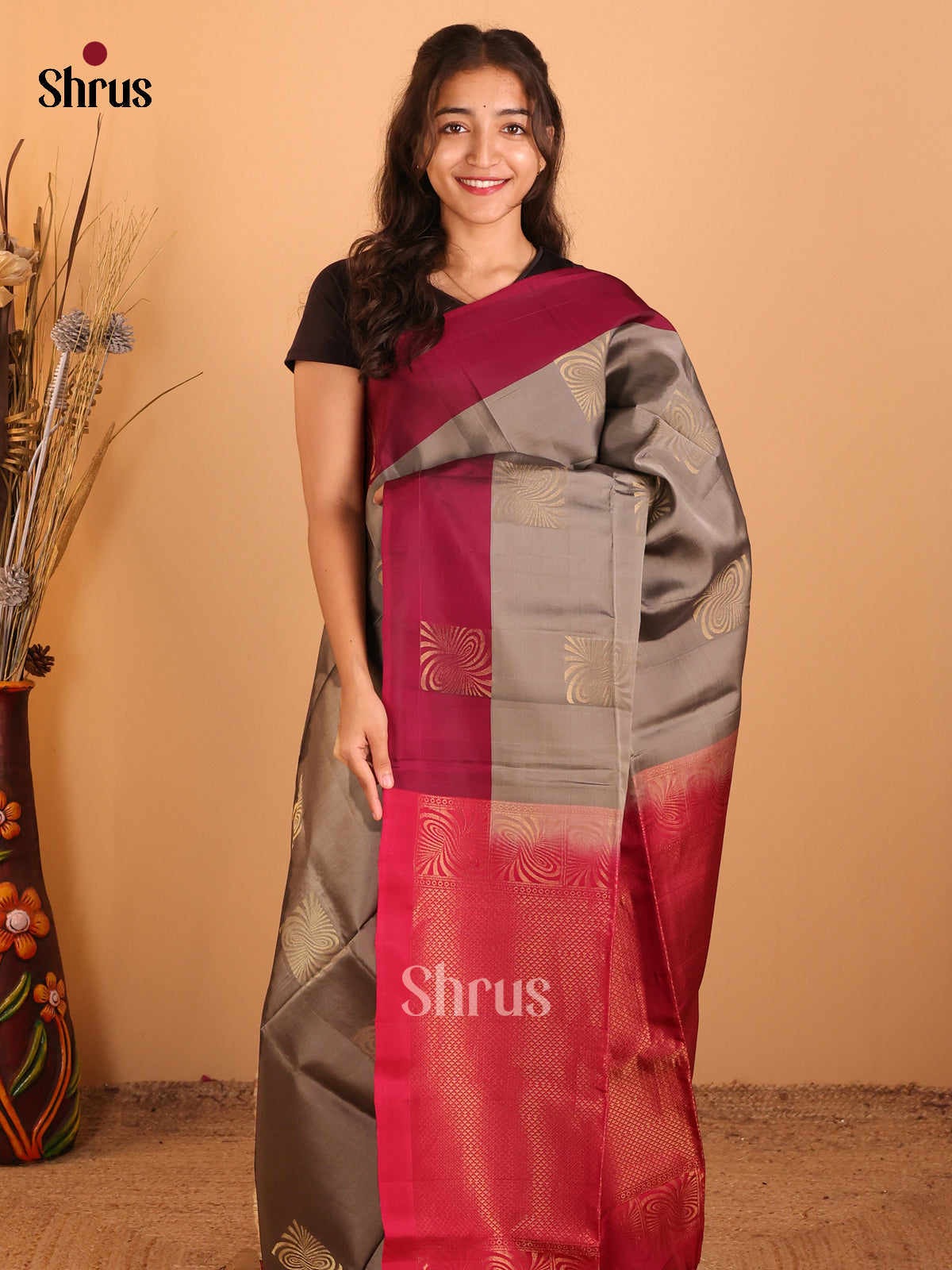 Grey & Maroon - Softsilk-halfpure Saree - Shop on Shrus.com