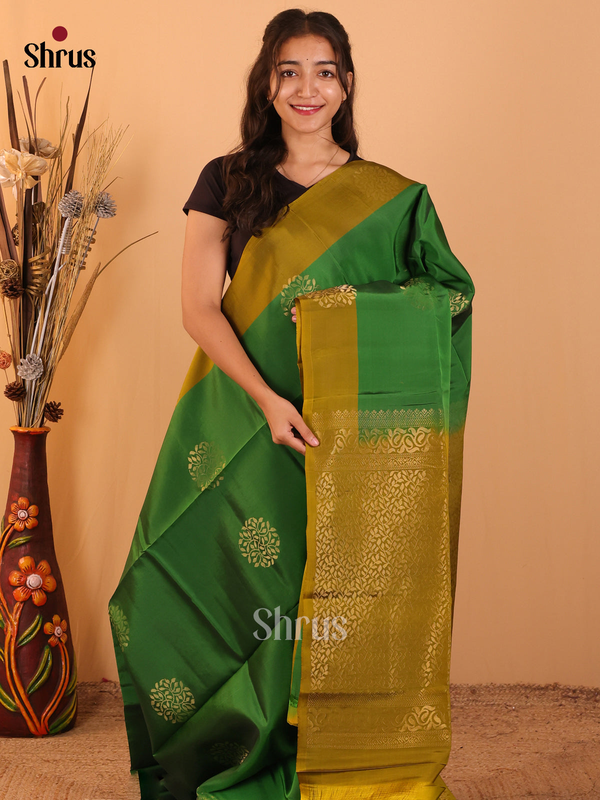 Green & Mehandi - Softsilk-halfpure Saree - Shop on Shrus.com
