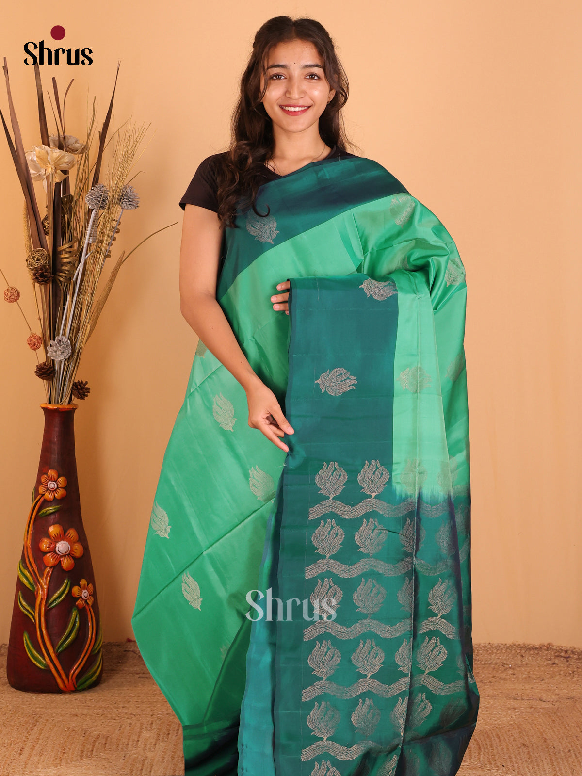 Pastel Green & Green - Softsilk-halfpure Saree - Shop on Shrus.com