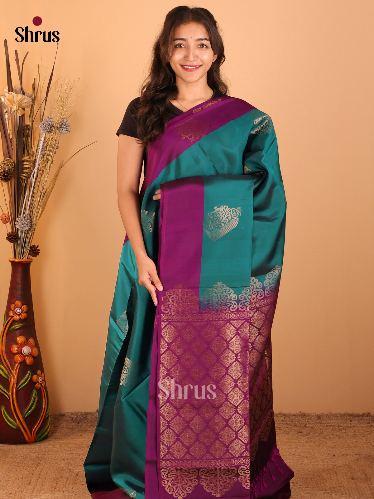Peacock Green & Violet- Softsilk-halfpure Saree - Shop on Shrus.com