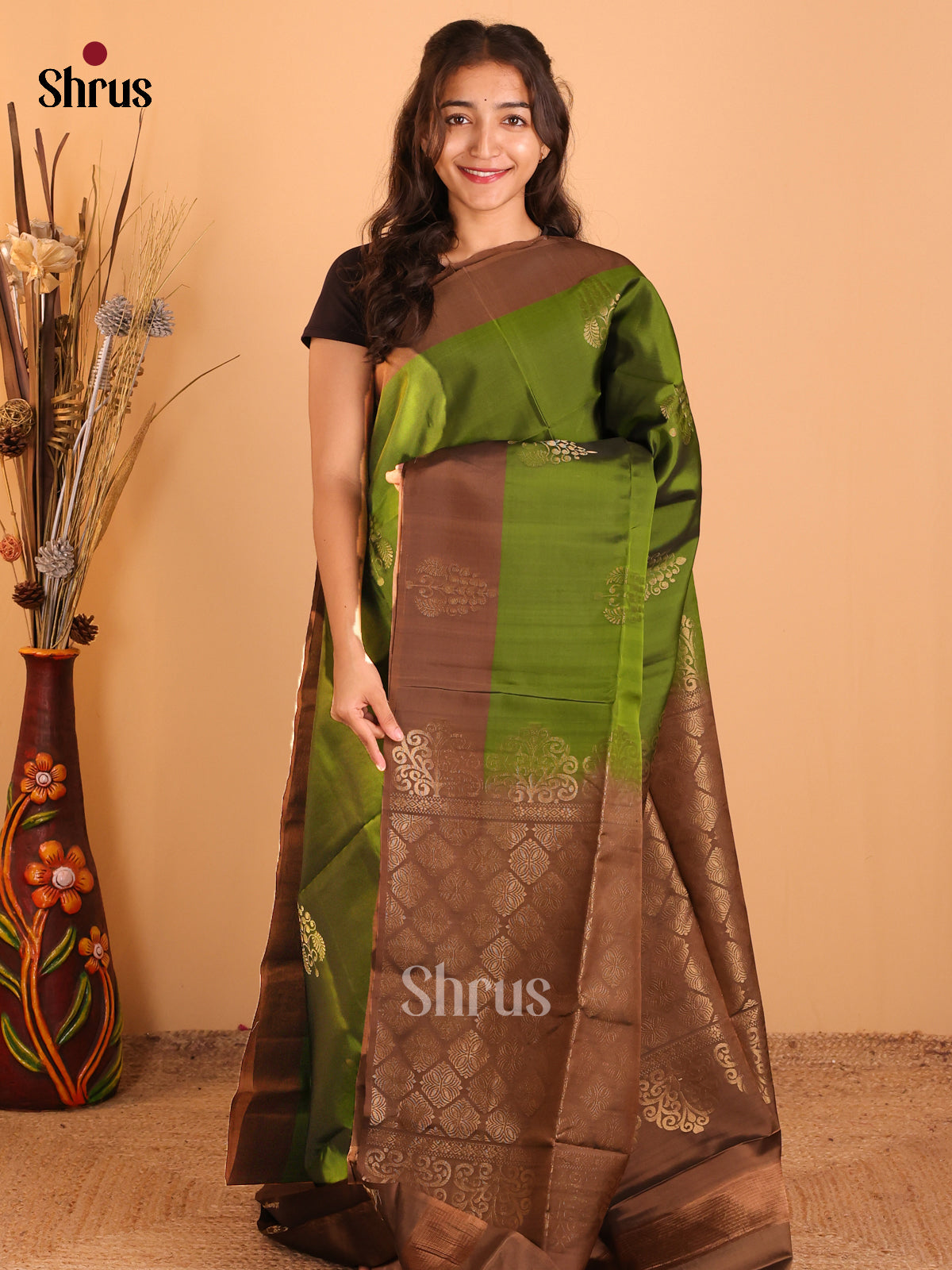 Green & Brown - Softsilk-halfpure Saree - Shop on Shrus.com