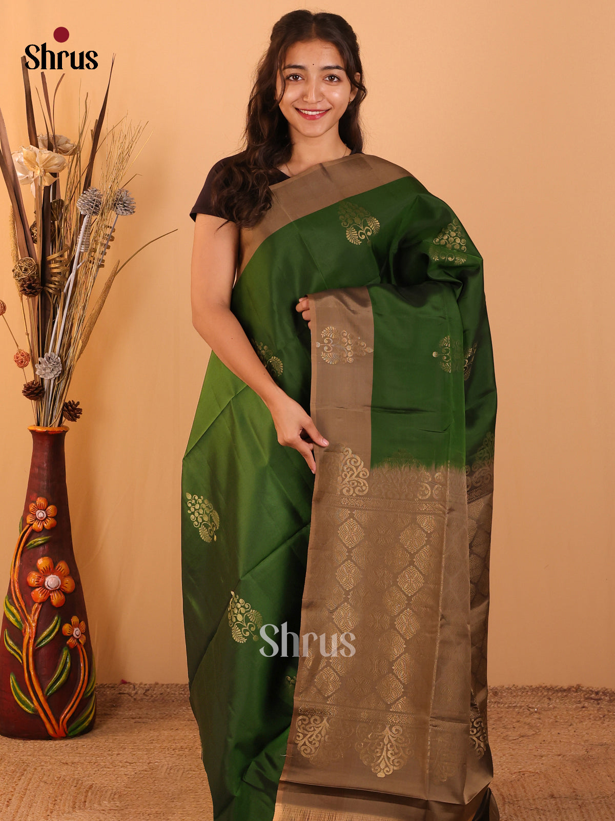 Green & Brown- Softsilk-halfpure Saree - Shop on Shrus.com