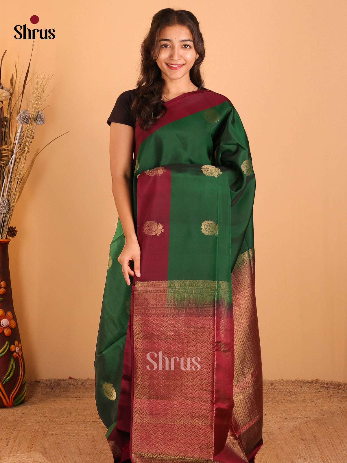 Green & Maroon - Softsilk-halfpure Saree - Shop on Shrus.com