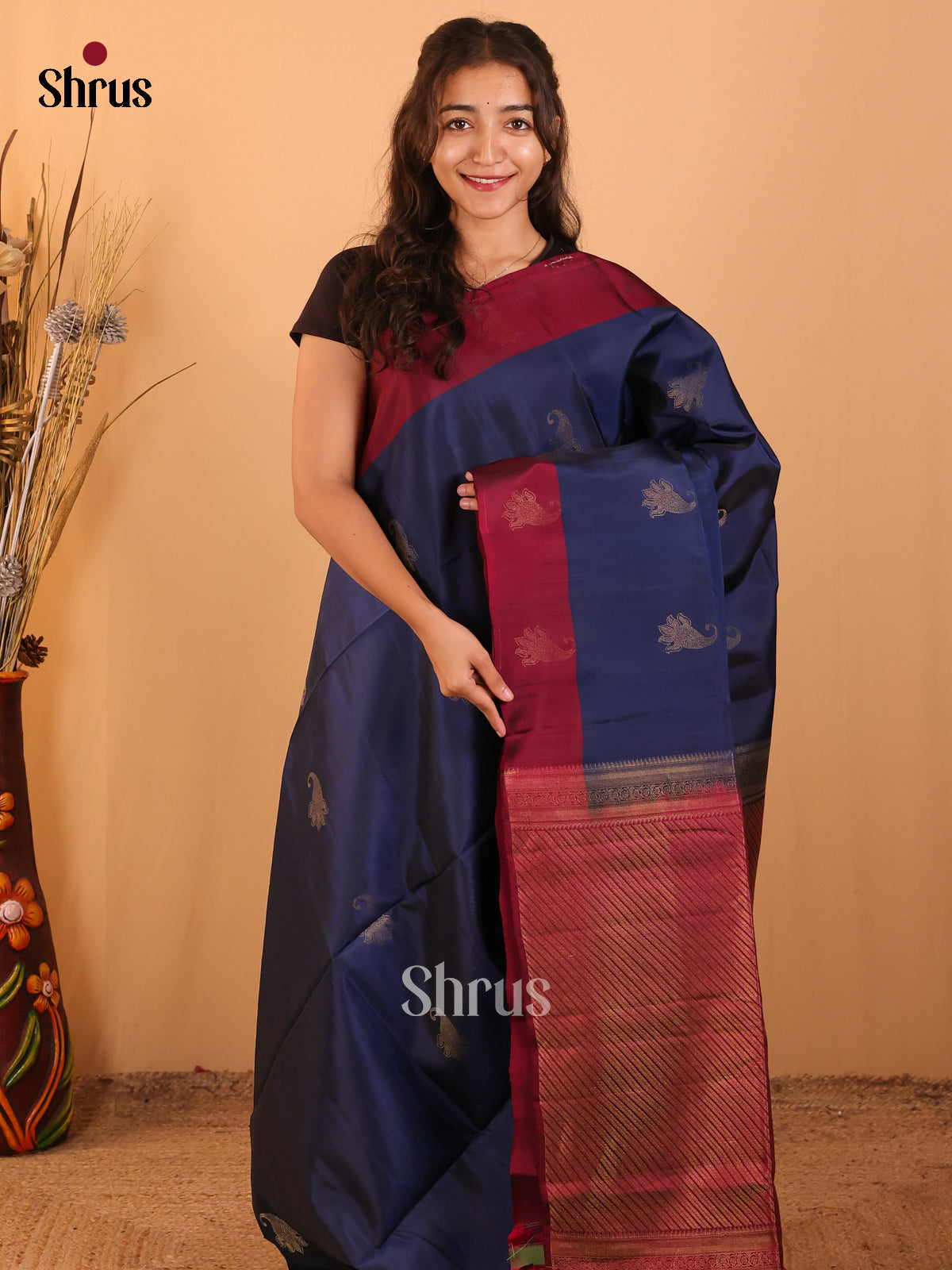 Blue & Maroon - Softsilk-halfpure Saree - Shop on Shrus.com