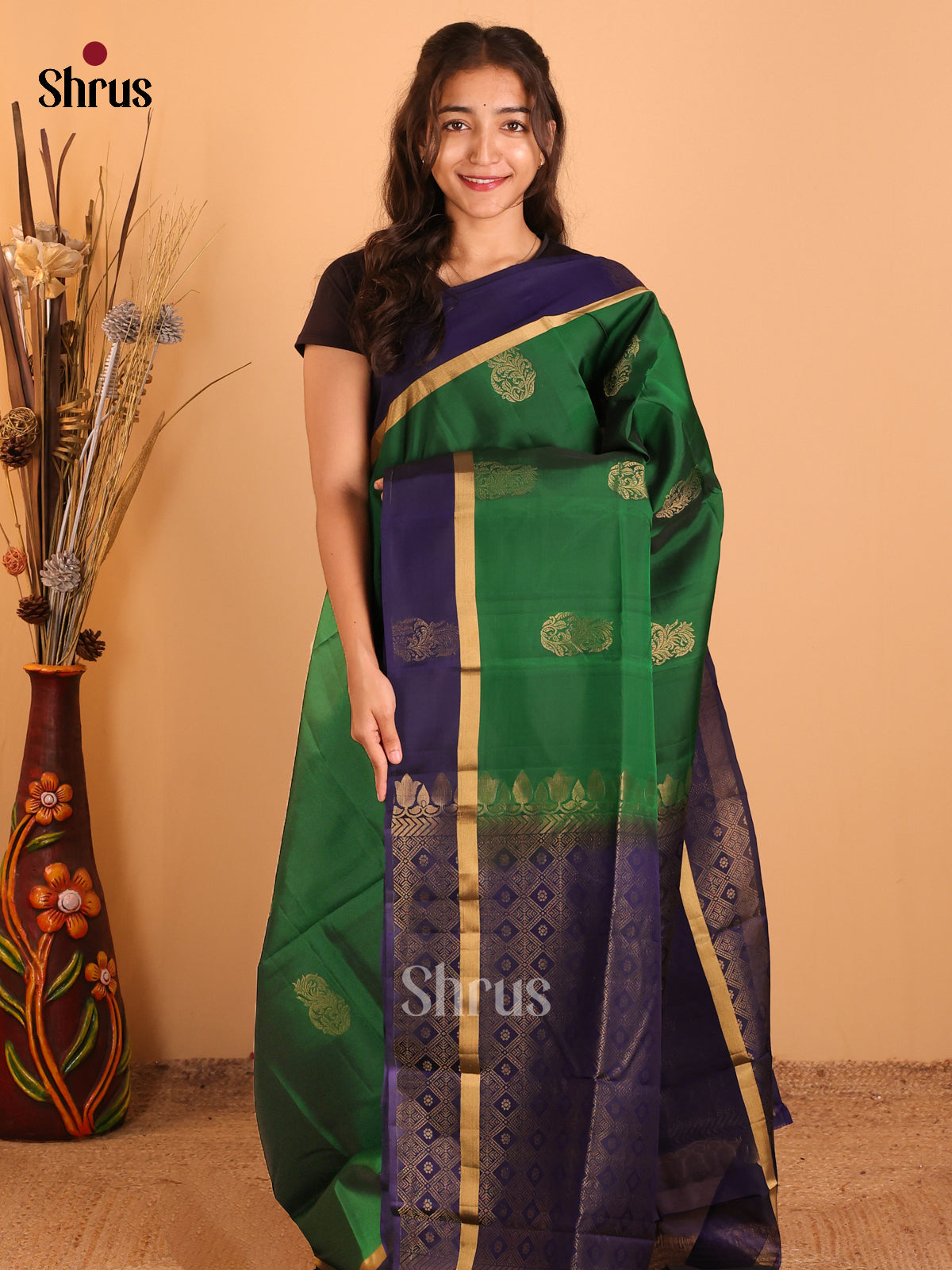 Green & Blue- Softsilk-halfpure Saree - Shop on Shrus.com