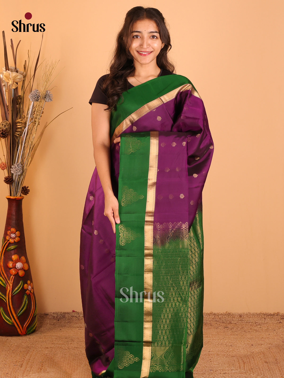 Violet & Green - Softsilk-halfpure Saree - Shop on Shrus.com