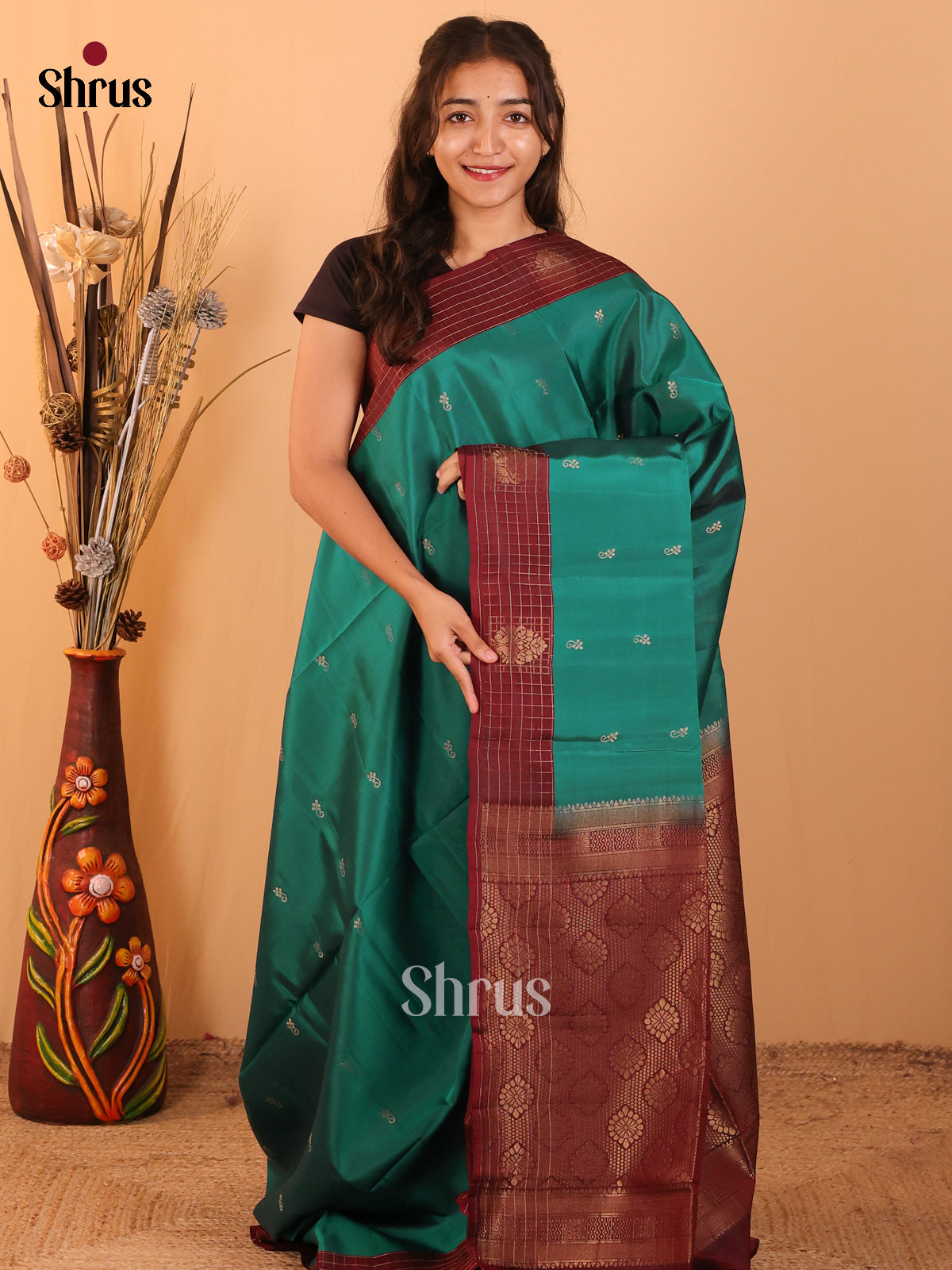 Green & Maroon- Softsilk-halfpure Saree - Shop on Shrus.com