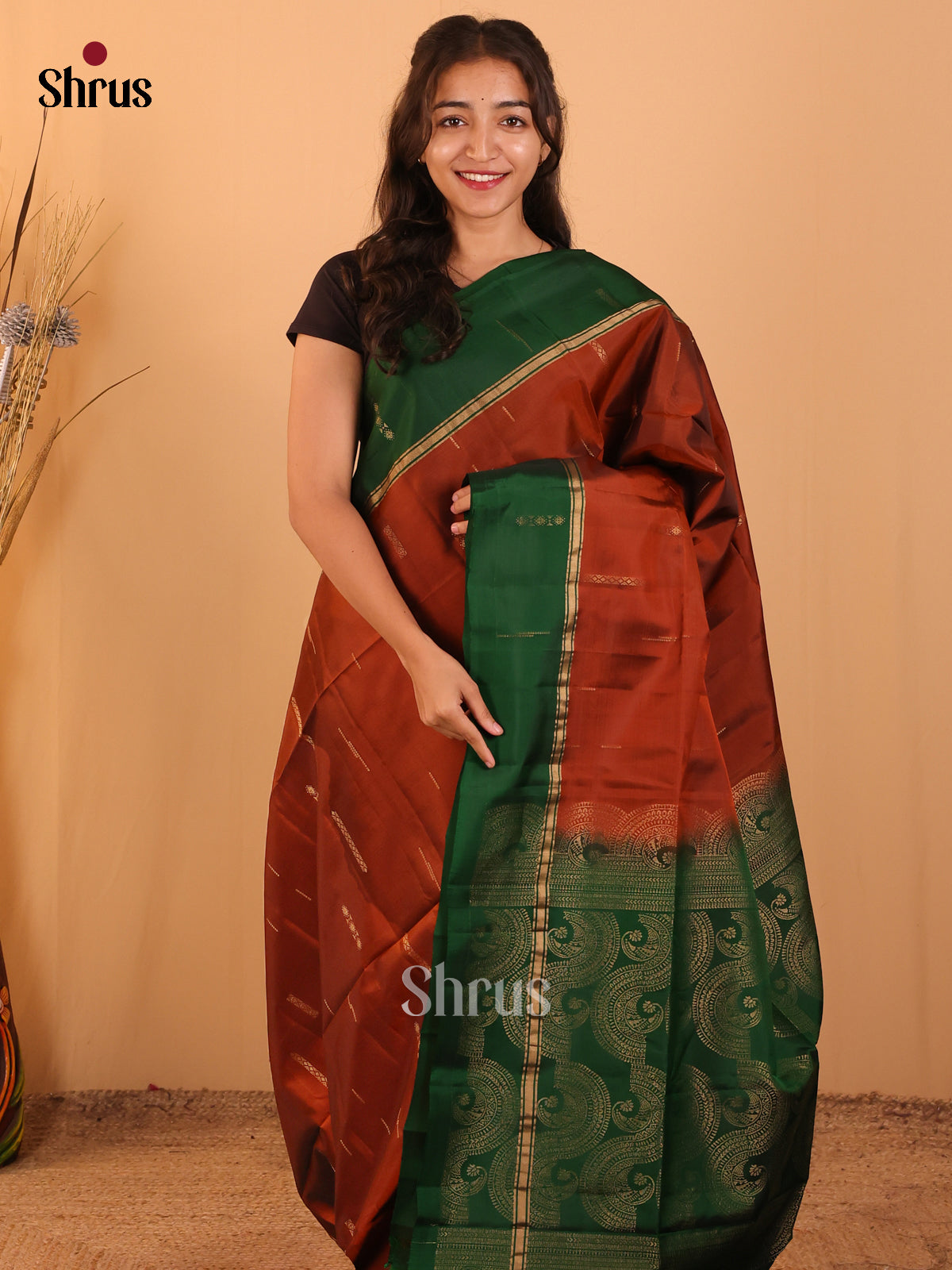Rust & Green- Softsilk-halfpure Saree - Shop on Shrus.com