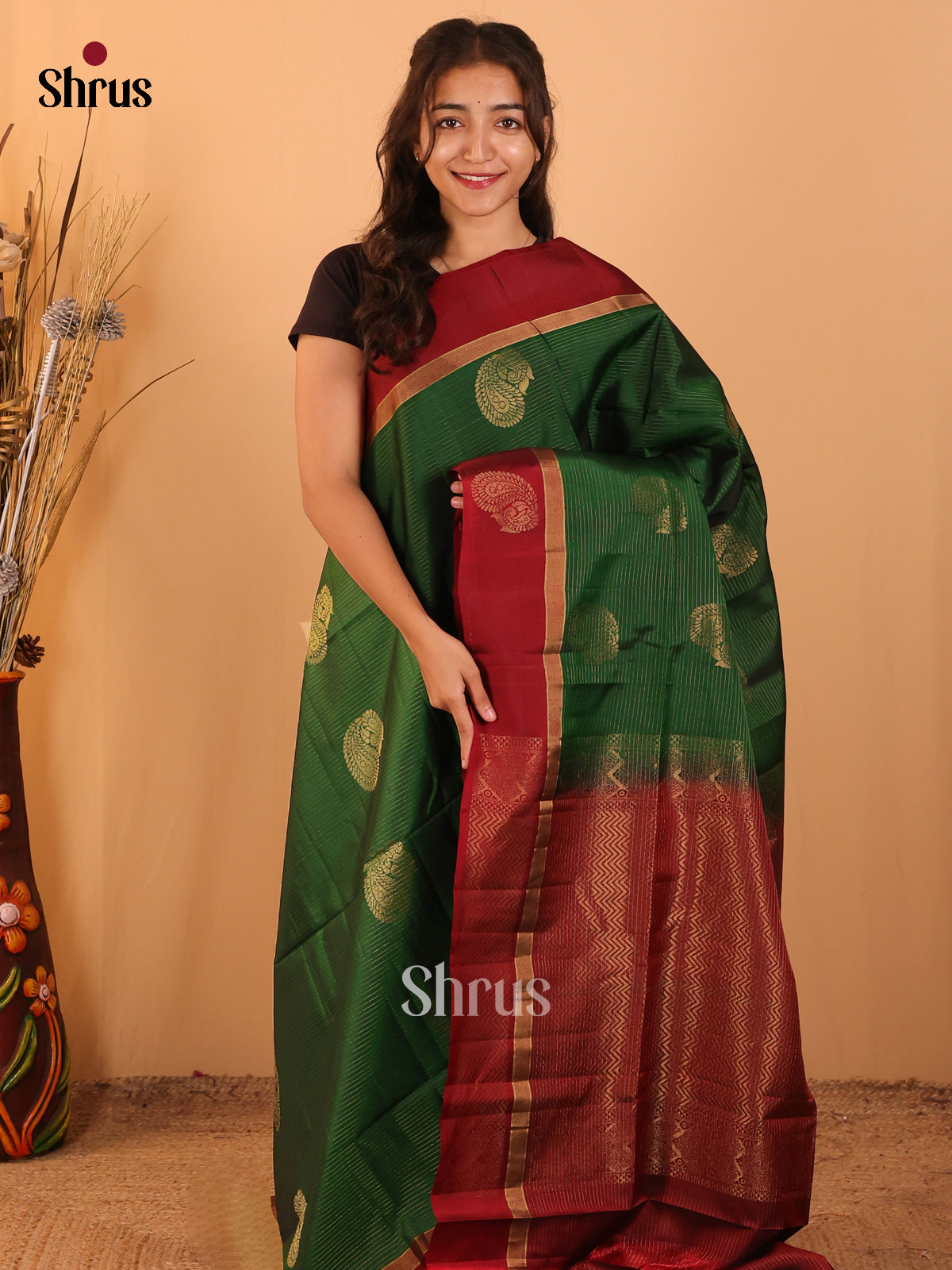 Green & Maroon - Softsilk-halfpure Saree - Shop on Shrus.com
