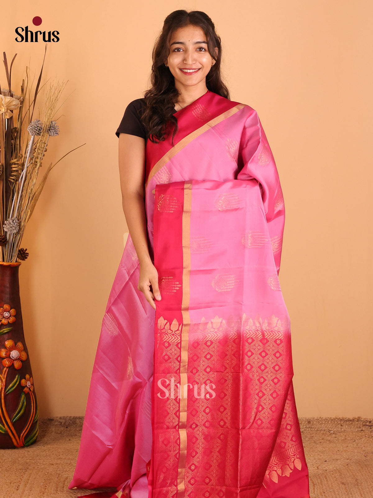 Pink & Red- Softsilk-halfpure Saree - Shop on Shrus.com