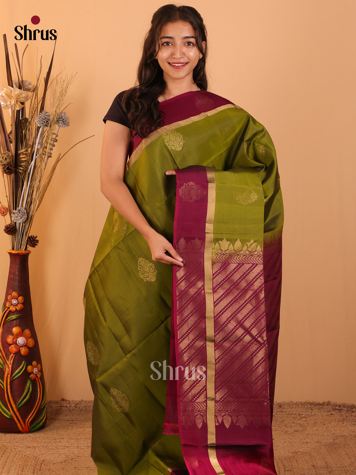 Green & Maroon - Softsilk-halfpure Saree - Shop on Shrus.com