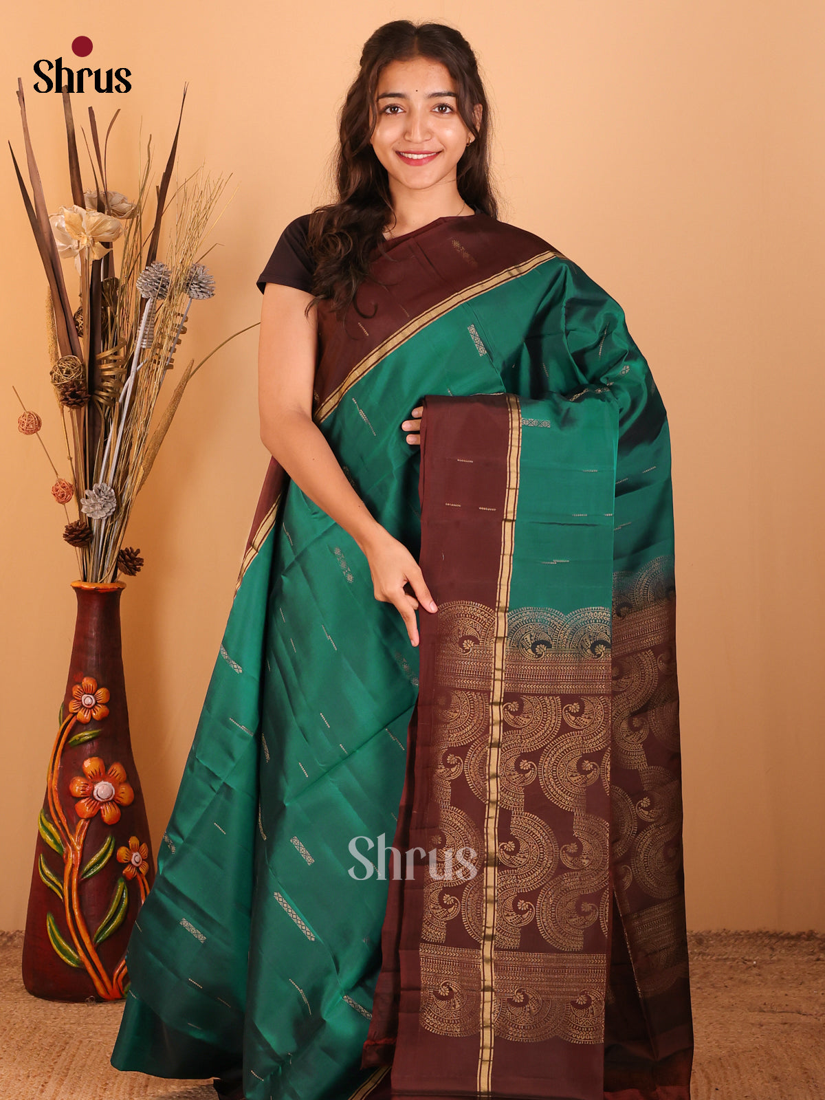 Green & Brown - Softsilk-halfpure Saree - Shop on Shrus.com