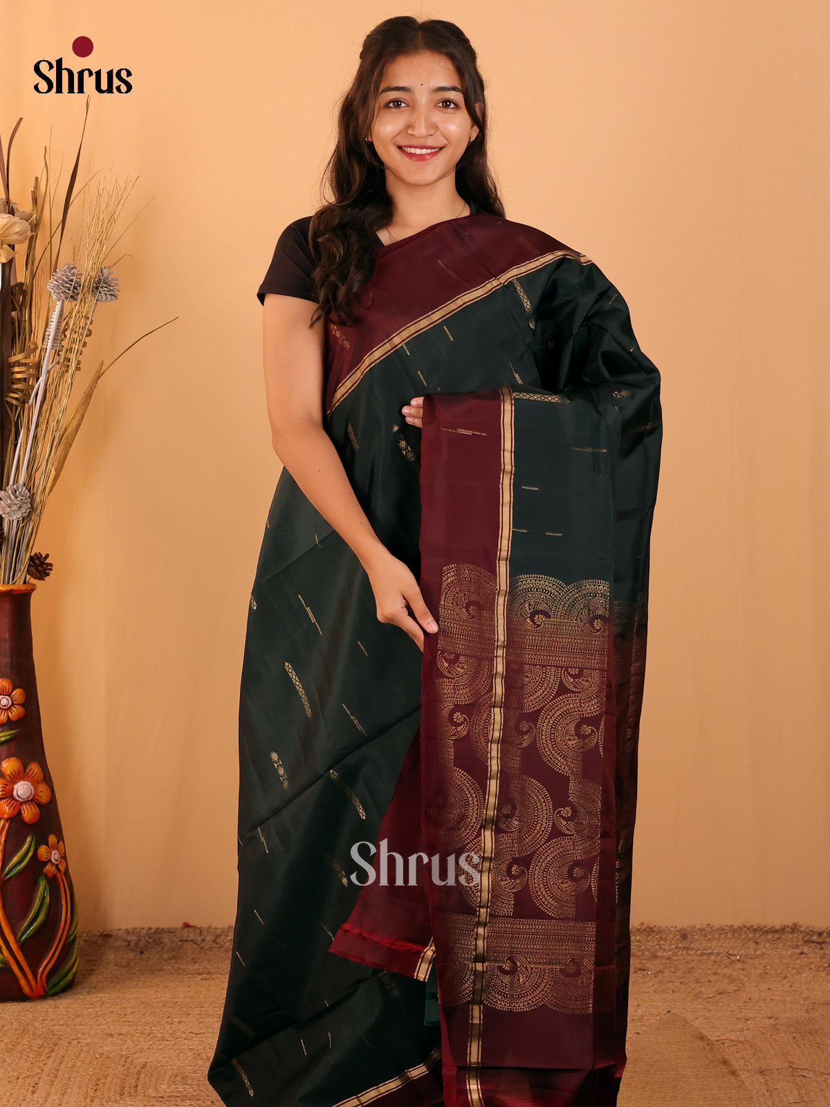 Green & Maroon - Softsilk-halfpure Saree - Shop on Shrus.com