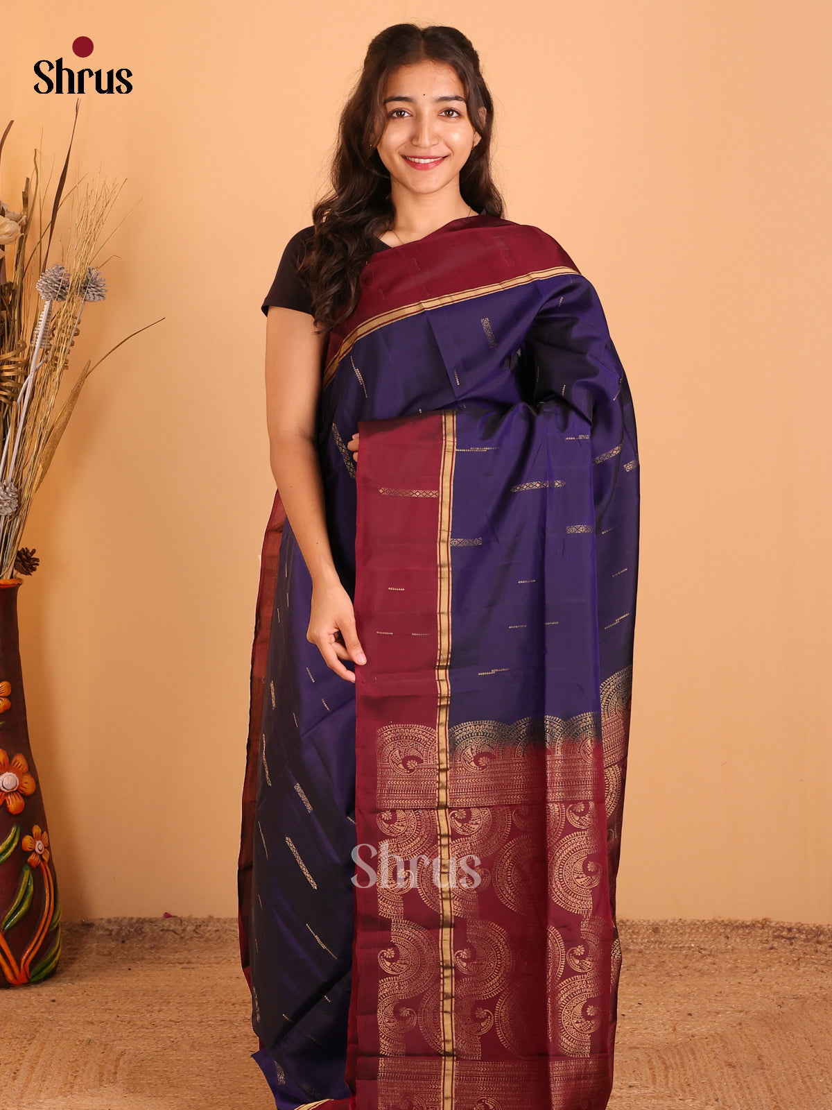 Blue & Maroon- Softsilk-halfpure Saree - Shop on Shrus.com