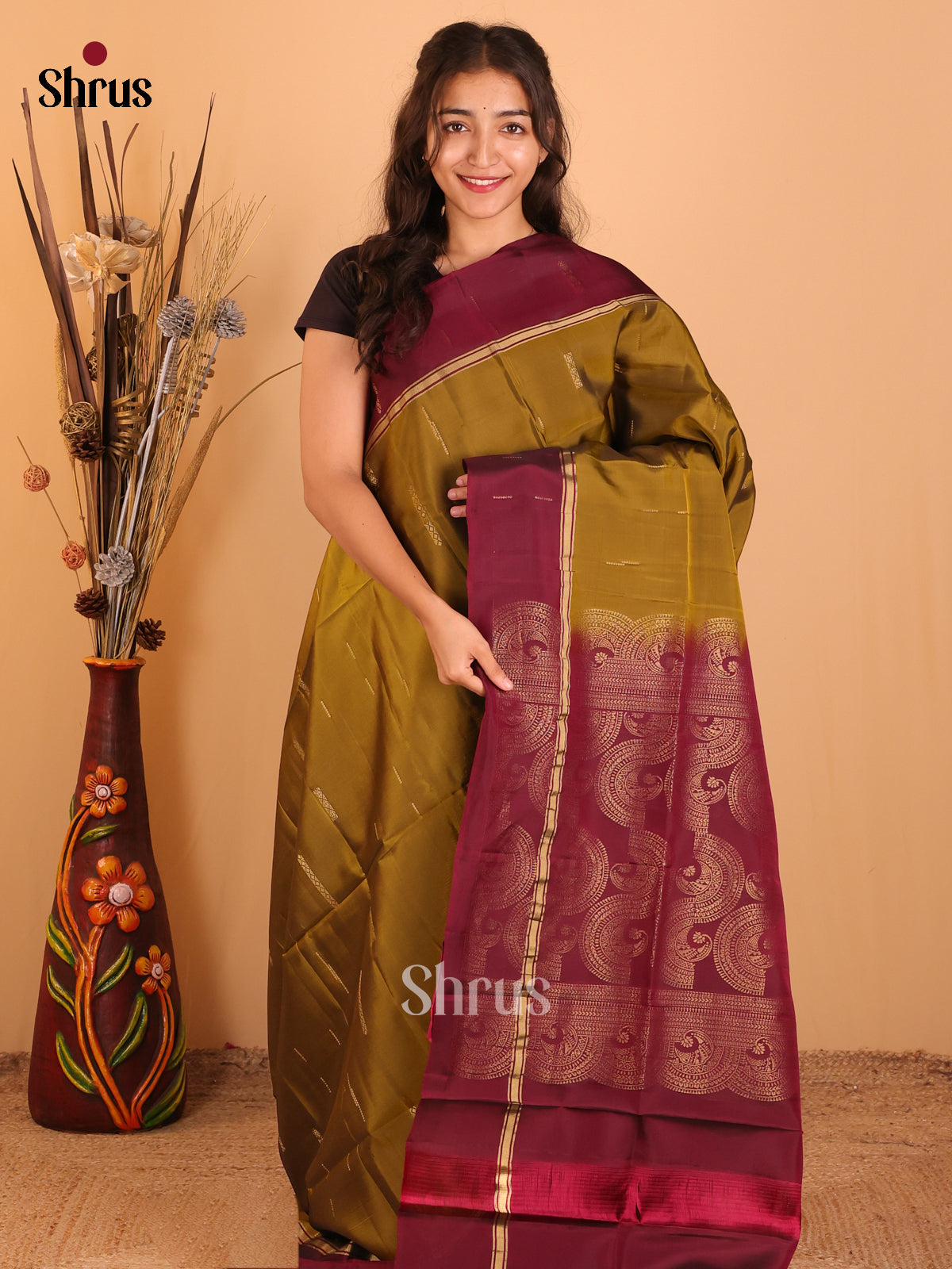 Mehandi & Maroon - Softsilk-halfpure Saree - Shop on Shrus.com