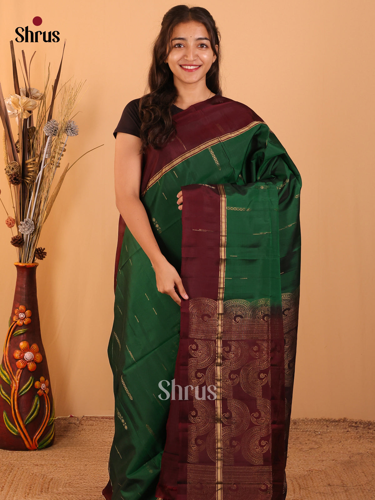 Green & Brown - Softsilk-halfpure Saree - Shop on Shrus.com