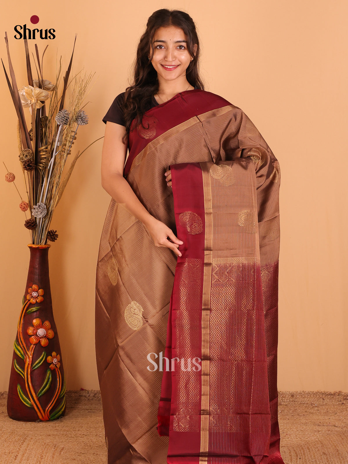 Brown & Maroon - Softsilk-halfpure Saree - Shop on Shrus.com