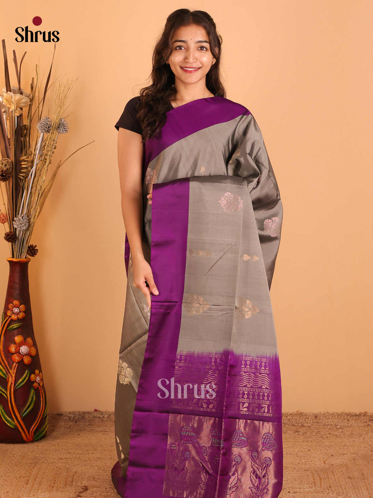 Grey & Violet - Softsilk-halfpure Saree - Shop on Shrus.com