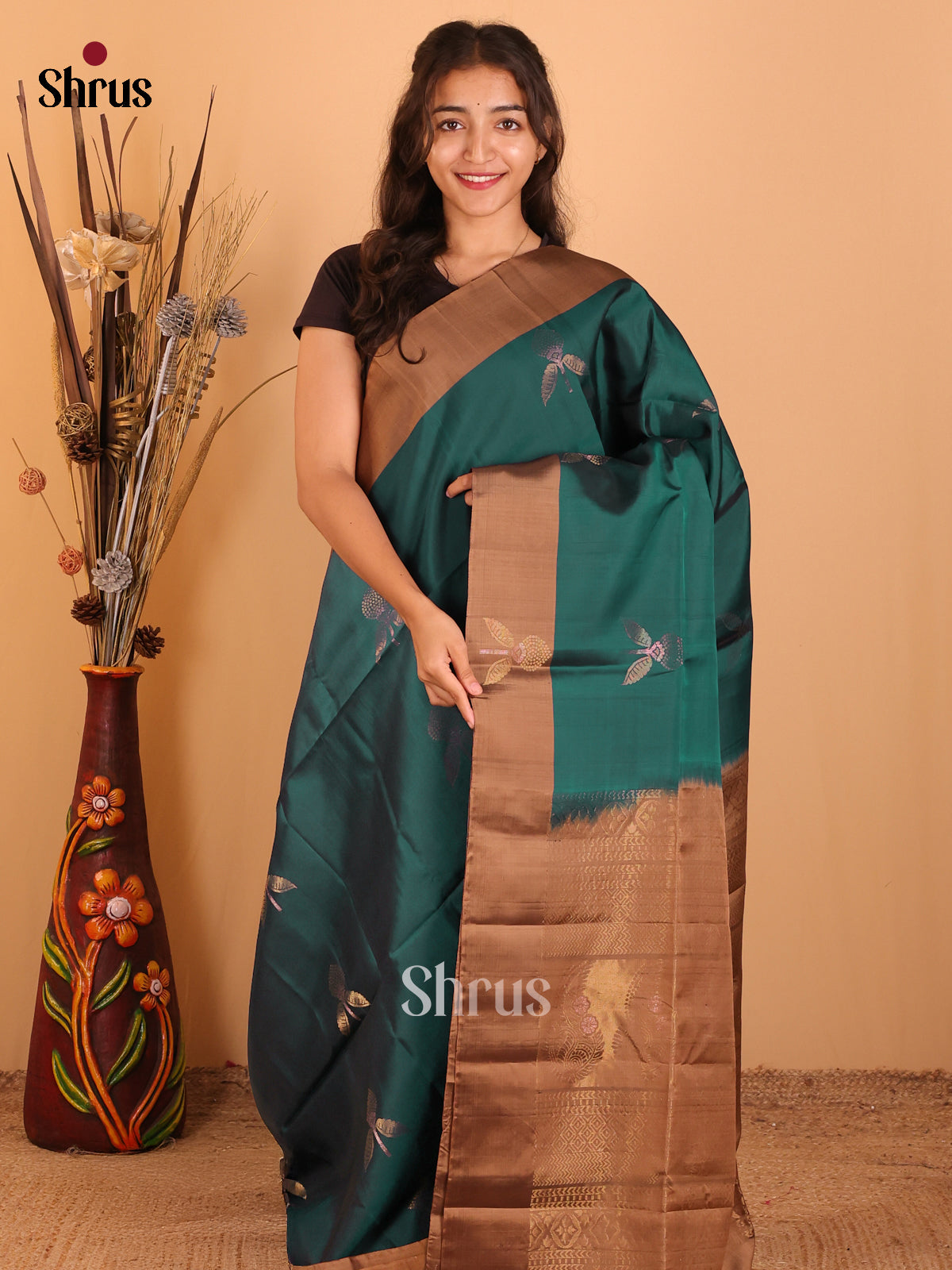 Green & Brown - Softsilk-halfpure Saree - Shop on Shrus.com