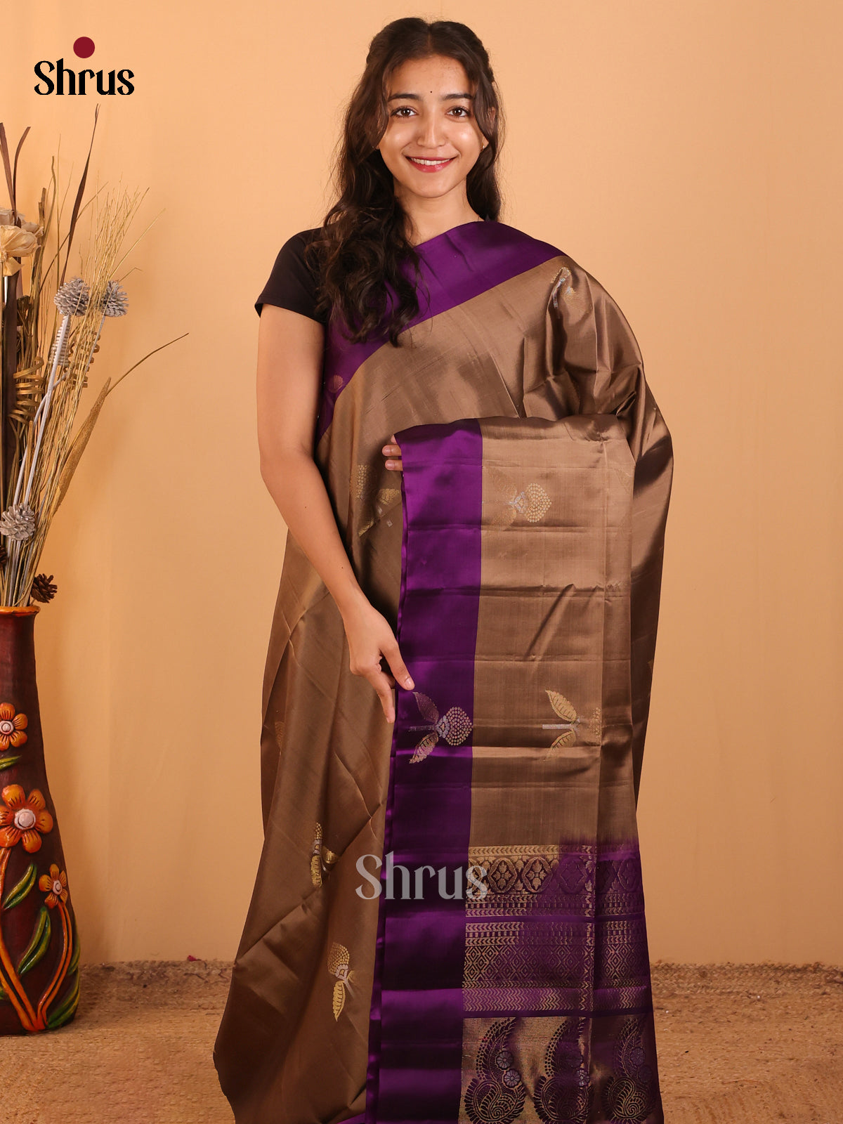 Brown & Violet - Softsilk-halfpure Saree - Shop on Shrus.com