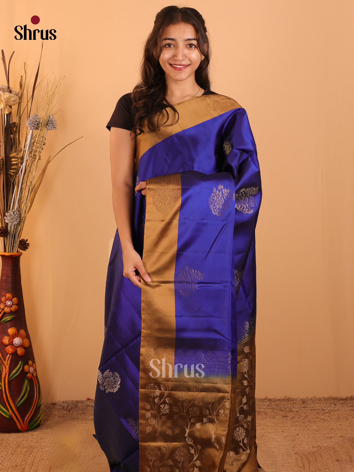 Blue & Dark Mustard - Softsilk-halfpure Saree - Shop on Shrus.com