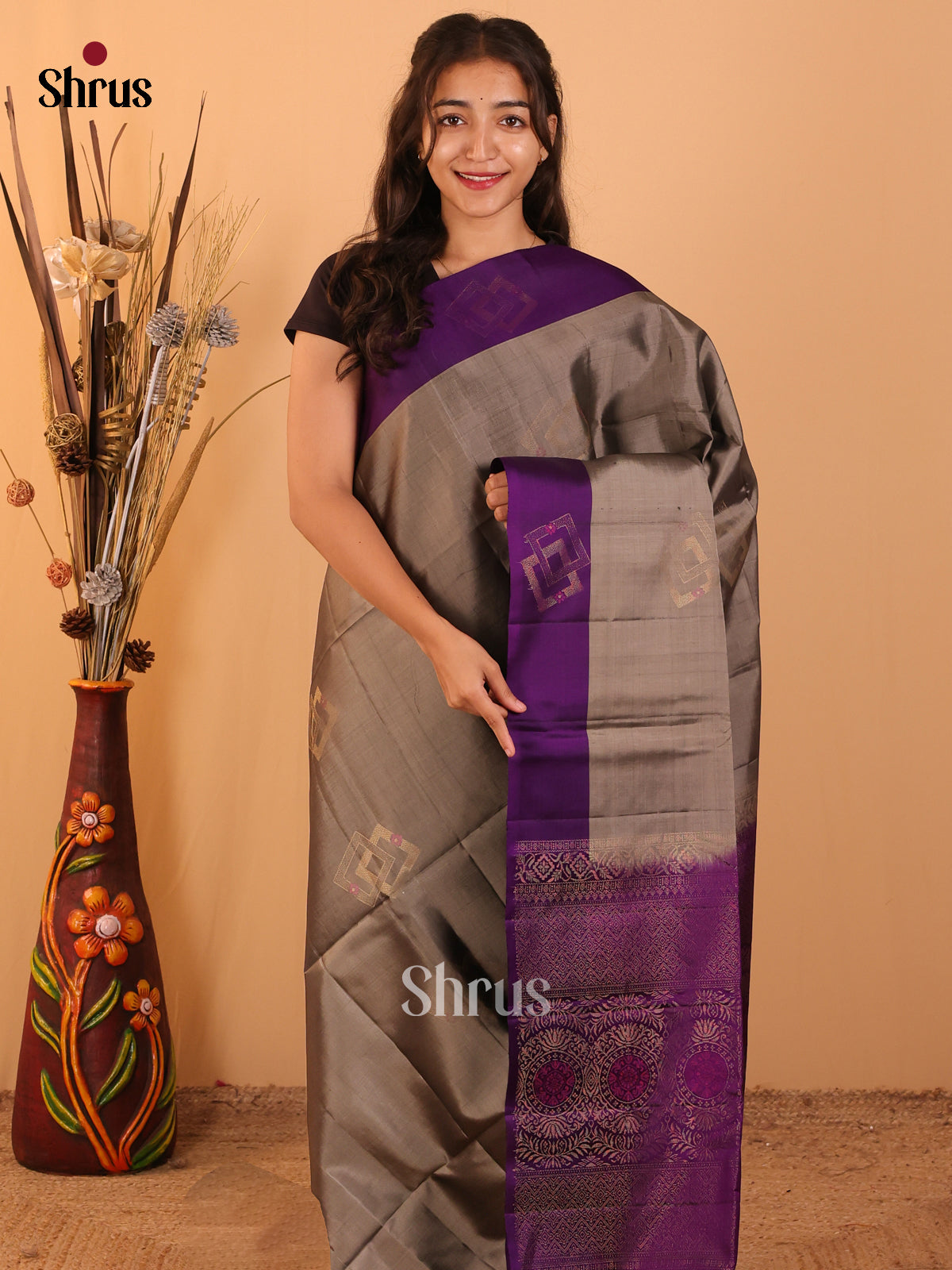 Grey & Violet - Softsilk-halfpure Saree - Shop on Shrus.com