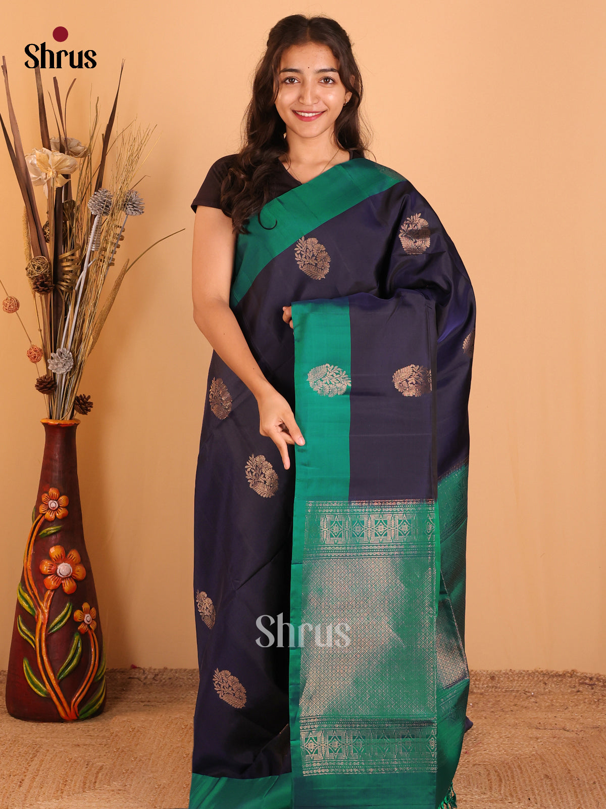 Navy Blue & Green- Softsilk-halfpure Saree - Shop on Shrus.com