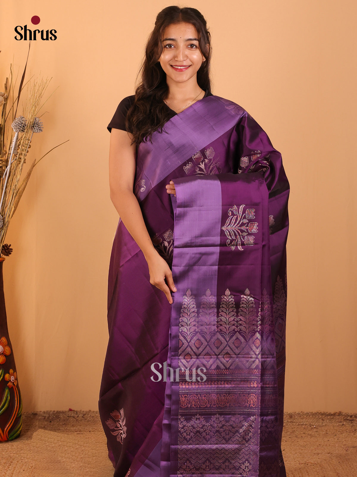 Violet & Dark Lavender - Softsilk-halfpure Saree - Shop on Shrus.com