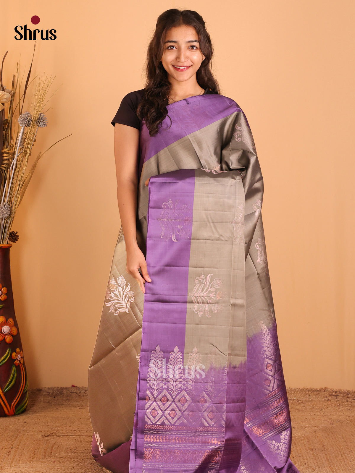 Grey & Lavender - Softsilk-halfpure Saree - Shop on Shrus.com