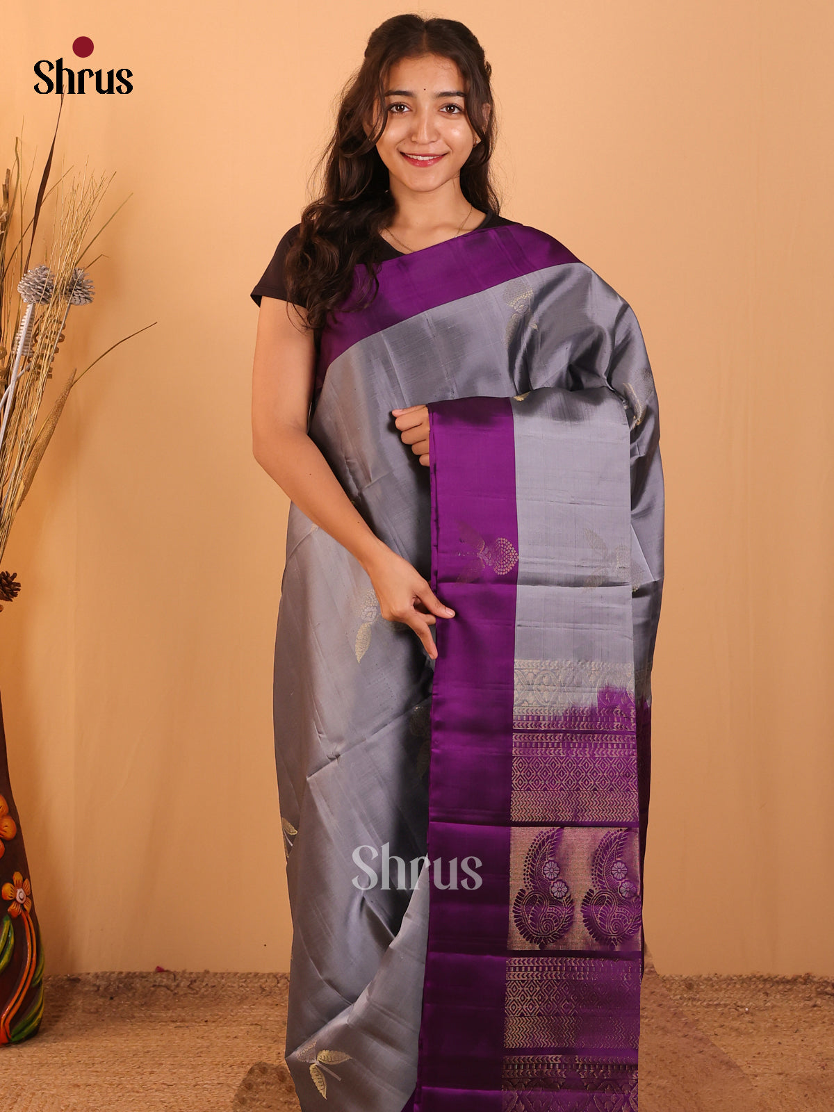Grey & Violet- Softsilk-halfpure Saree - Shop on Shrus.com