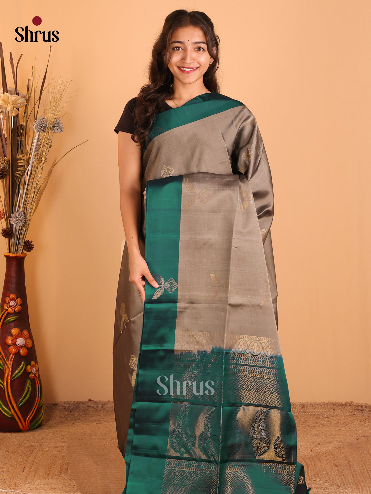 Grey & Green- Softsilk-halfpure Saree - Shop on Shrus.com
