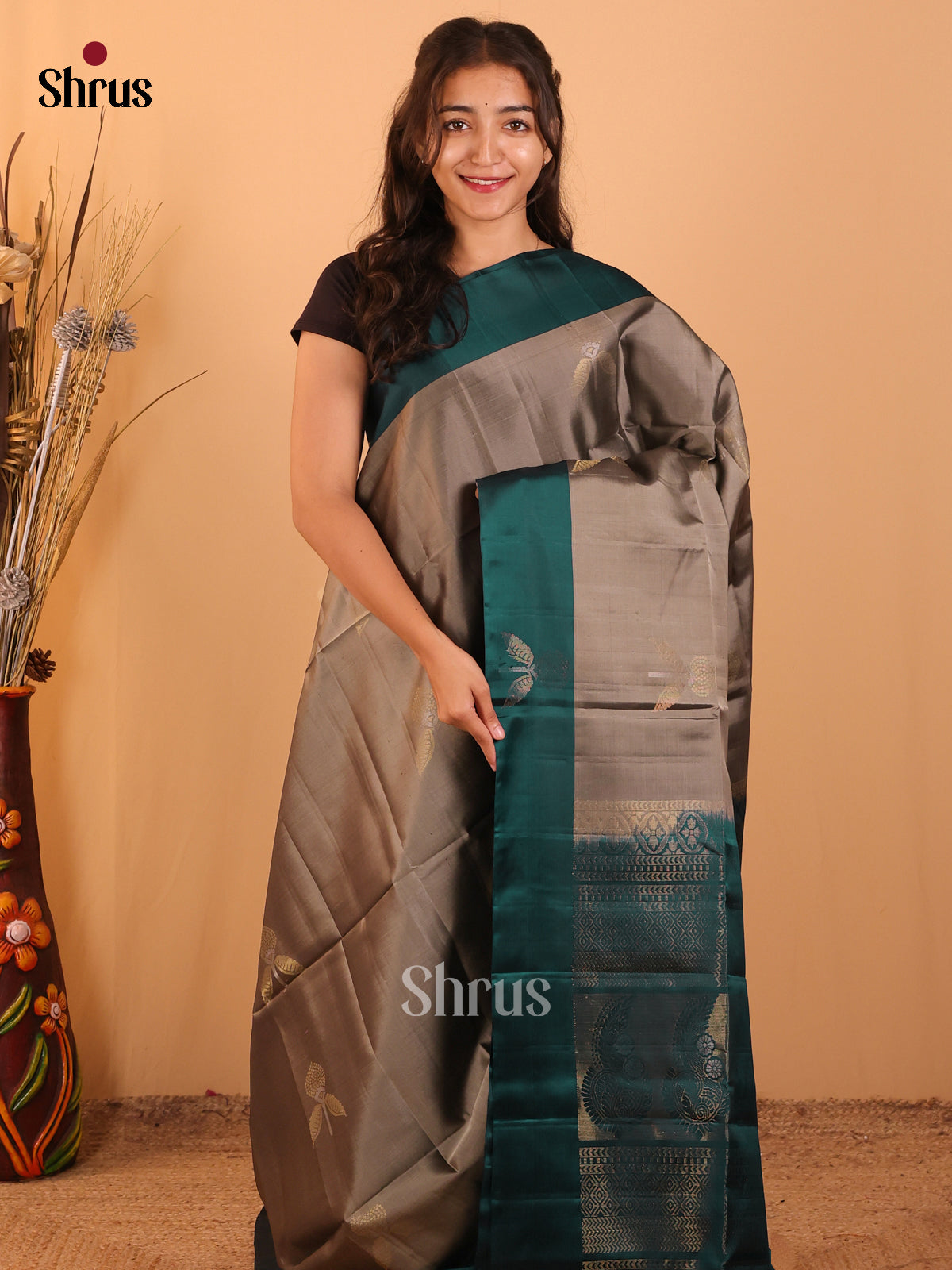 Grey & Green - Softsilk-halfpure Saree - Shop on Shrus.com