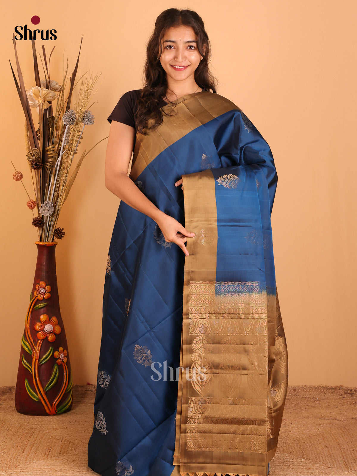 Blue & Golden Brown - Softsilk-halfpure Saree - Shop on Shrus.com