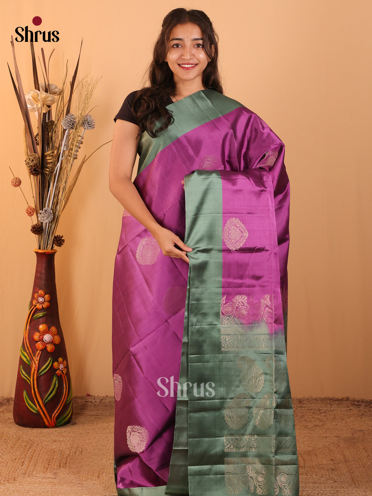 Majenta & Green - Softsilk-halfpure Saree - Shop on Shrus.com