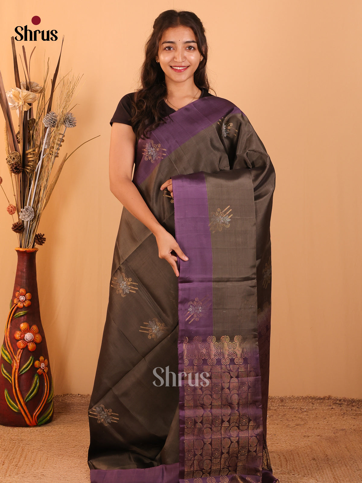 Elephant Black & Violet- Softsilk-halfpure Saree - Shop on Shrus.com