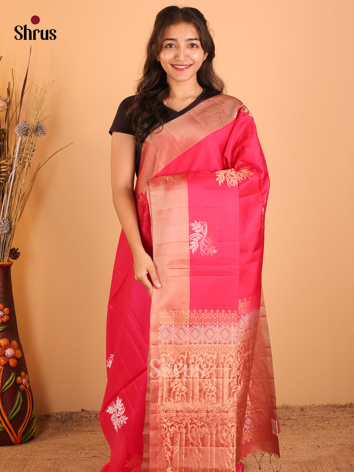 Reddish Pink & Dusty Brown - Softsilk-halfpure Saree - Shop on Shrus.com