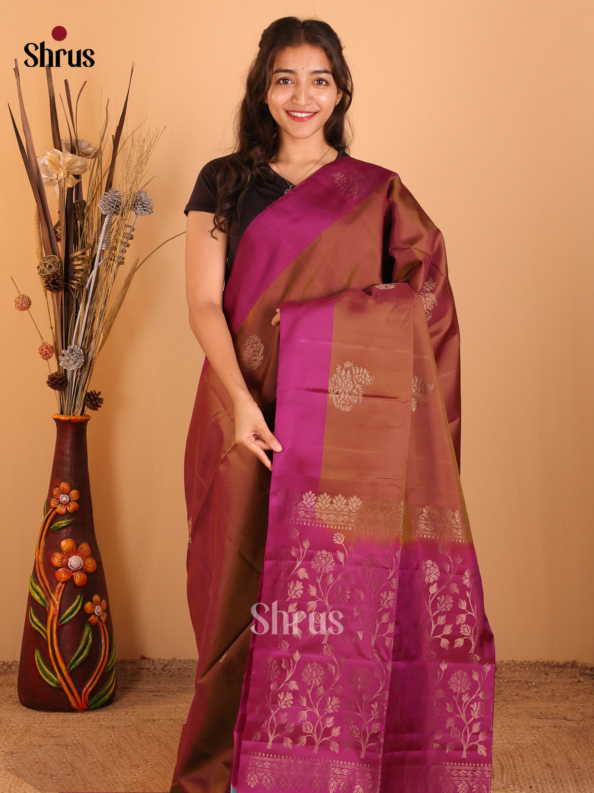 Brown & Purple- Softsilk-halfpure Saree - Shop on Shrus.com