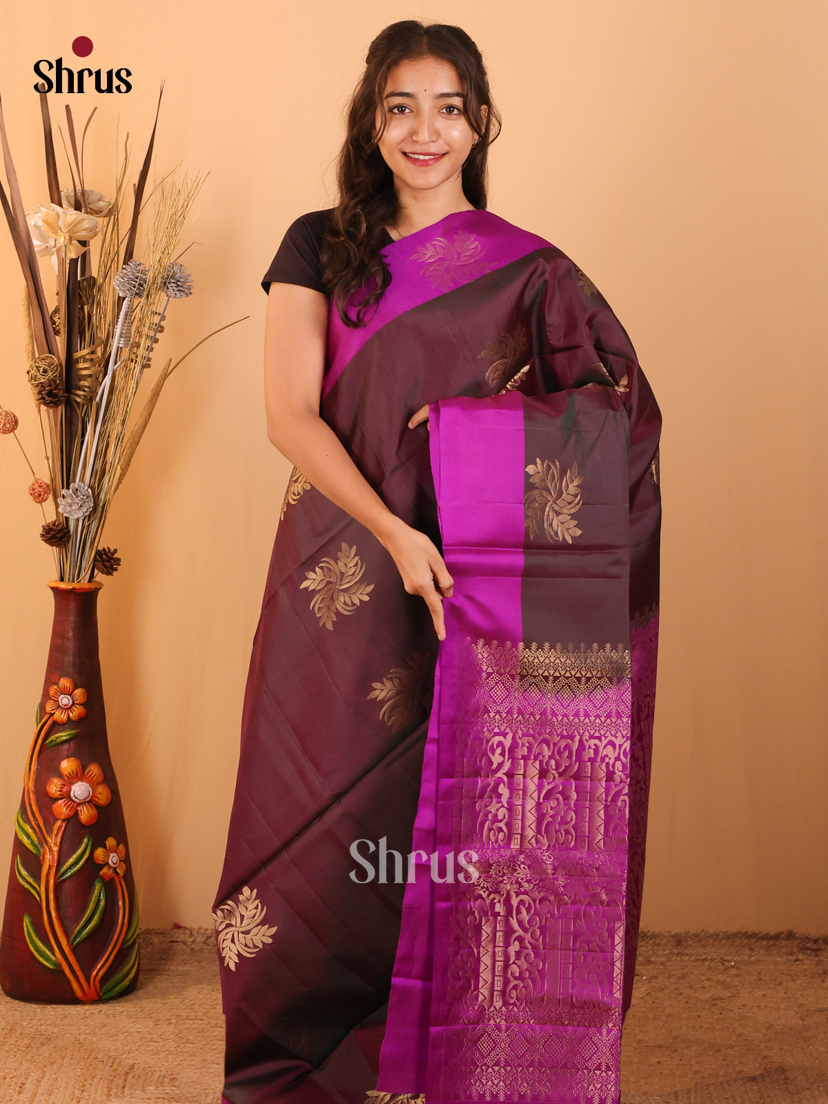 Brown & Majenta - Softsilk-halfpure Saree - Shop on Shrus.com