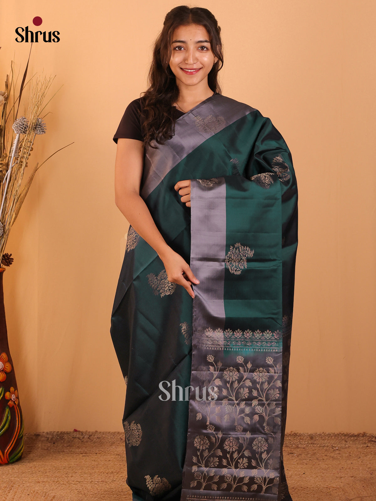 Dark Green & Grey - Softsilk-halfpure Saree - Shop on Shrus.com