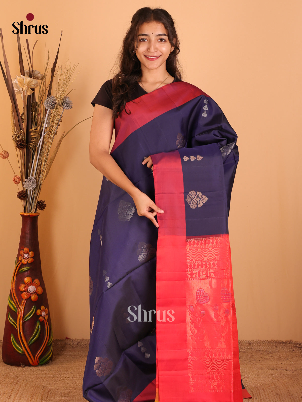 Blue & Red - Softsilk-halfpure Saree