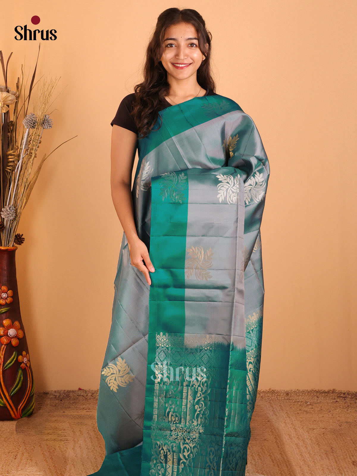 Double Shaded Greyish Green & Green - Softsilk-halfpure Saree - Shop on Shrus.com