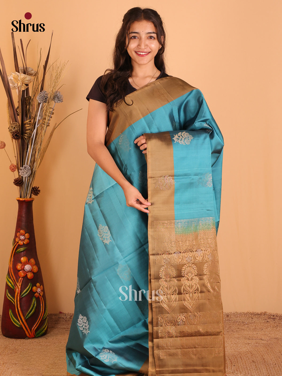 Blue & Golden Brown - Softsilk-halfpure Saree - Shop on Shrus.com